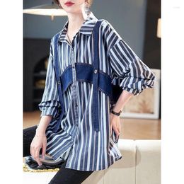 Women's Blouses Fashion Women Shirt Blouse 2024 Spring Autumn Korean Style Slim Versatile Denim Stripe Contrast Panel Female Tops