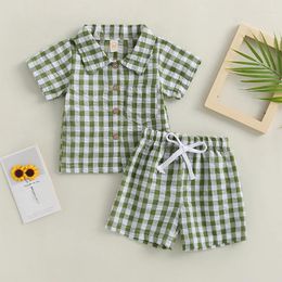 Clothing Sets Toddler Boys Summer Outfits Plaid Pocket Turn-Down Collar Short Sleeve Shirts And Elastic Waist Shorts 2Pcs Clothes Set
