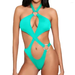 Women's Swimwear Sexy One-piece Swimsuit Stylish High Cut Halter With Hollow Out Detail Solid Color For Summer