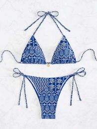 2024 Boho Flower Bikini Women'S Floral Print Blue Patterned Bathers Bohemian Style Halter Neck Strap Swimsuit Bathing Set L2405