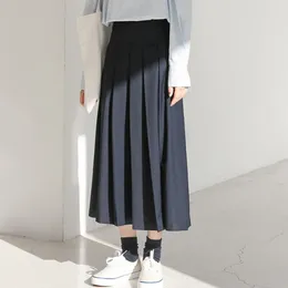 Skirts Elegant Navy Blue Pleated For Female Ladies Korean Casual Loose A-Line High Waist Midi Skirt 2024 Spring Women L909
