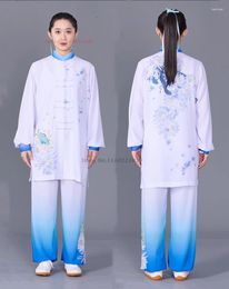 Ethnic Clothing 2024 Chinese Vintage Martial Art Uniform Tai Chi Wushu National Flower Print Taiji Exercise Training Kungfu Tops Pants Set