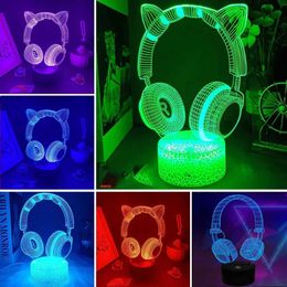 Lamps Shades New Headphones 3D Illusion Night Light Headset Desk Setup Table Lamp Cool Game Console Room Decor Light for Kids Christmas Gift Y240520C14L