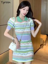 Work Dresses T-shirts Skirts Women Knitting Fashion Simple Striped Elegant Tender Hollow Out Daily Turn-down Collar Temperament Puff Sleeve
