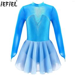 Girl Dresses Kids Girls Figure Skating Costume Ballet Dance Tutu Dress Gymnastics Leotard Long Sleeve Shiny Rhinestone Mesh Splice Dancewear