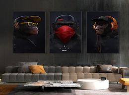 3 Panels Thinking Monkey with Headphone Canvas Oil Painting Wall Art Funny Animal Posters Prints Wall Pictures for Living Room Hom3249680