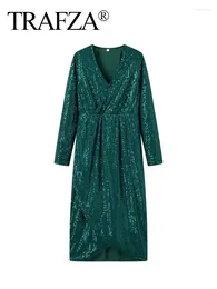 Casual Dresses TRAFZA Spring Retro Dark Green V Neck High Waist Women's Fashion Sparkling Sequin Dress Slim Long Sleeve Party