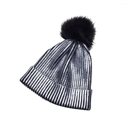 Berets Winter Metallic Bling Knitted Fashion Caps Beanies Hats Pompom Skiing