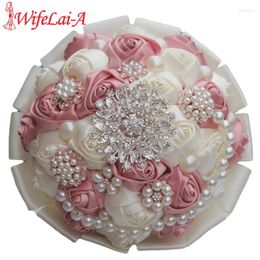 Wedding Flowers Nake Pink Ivory Silk Beaded Crystal Bridal Bouquets Diamond Holding Artificial Stitch Bouquet Custom W2238