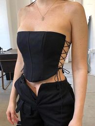 Women's Tanks Off Shoulder Strapless Lace Up Sexy Bustier Corset Crop Tops For Women Black Sleeveless Vest Top Cropped Feminino