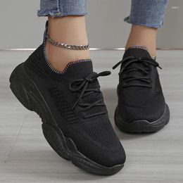 Casual Shoes Black Breathable Thick Sole Sneakers Women Non-Slip Lace Up Sports Woman Mix Colour Knitted Platform Vulcanize