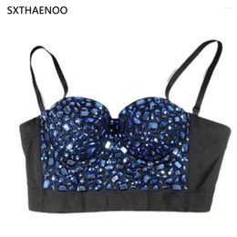 Women's Tanks SXTHAENOO 2024 Summer Blue Acrylic Women Sexy Short Waist Corset Bustier Night Club Party Fashion Crop Tops Bra Pad Tube