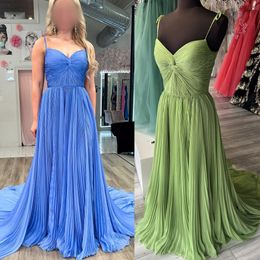 Pleated Chiffon Prom Dress Skirt Side Slit A-line Pageant Gown Winter Formal Event Party Runway Red Carpet Wedding Guest Gala Special Occasion Periwinkle Moss Sage