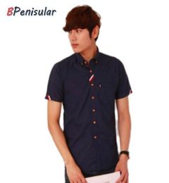 2020 Summer Cotton Oxford Shirt Men Casual Button Down Short Sleeve Shirts Stripe Patch Plain Navy Blue Shirt Male1540896