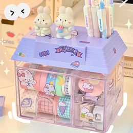 Boxes Storage# Transparent Desktop Storage Box Creative Small House Pen Holder Student Kawaii Stationery Cosmetic Organizer Rack Drawer Cute Y240520ESC1