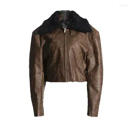 Women's Jackets Motorcycle Style Short Matte 2024 Autumn/winter Design SenSe Splicing Fur Collar PU Leather Jacket For Clothing