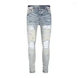 Men's Jeans High Street Fashion Vintage Light Blue Elastic Tight Split Leather Panel White Patch Designer Hip Hop Br