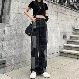 Women's Jeans Vintage Straight Large Women's Grey Baggy Loose Stitched High Waist Casual Y2K Female