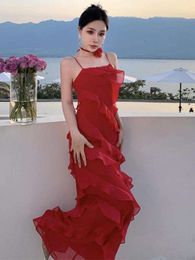 Summer Elegant Red Ruffles Sexy Club Split Long Dress For Women's Slip Clothing Backless Slim Evening Prom Dresses Goddess Robe