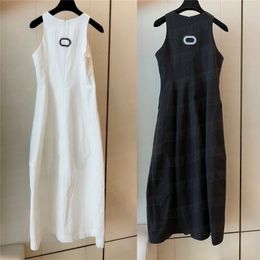 Summer Sleeveless Dresses For Women Embroidered Pattern Vest Long Skirts Vacation Style Ladies Black White Dress Clothes