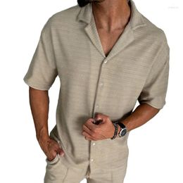 Men's Casual Shirts Solid Colour Waffle Men 2024 Summer Leisure Breathable Button Lapel Vintage Mens Short Sleeve Cardigan Shirt