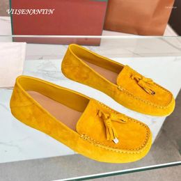 Casual Shoes Suede Genuine Leather Flat Women Metal Lock Fringe Slip On Comfortable Driving Shoe Round Toe Loafer All Match Daily
