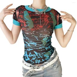 Women's T Shirts Short Sleeve Round Neck Abstract Print Patchwork T-Shirts Sheer Mesh Tops Aesthetic Clothes