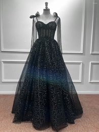 Party Dresses A Line Black Sequined Embroidery Evening For Women Elegant Beading Spaghetti Straps Wedding Gowns Formal Vestidos