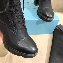 2022 Designer Plaque Boots Lace Up Platform Ankle Boot High Heel Winter Boot Women Nylon Black Leather Combat Boots 75cm 95cm Wi5417817