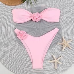 Women's new solid Colour flat chest strap 3D flower bikini two-piece swimsuit JUH