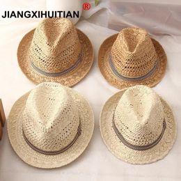 Fashion Handwork Women Summer Raffia straw Sun hat Boho Beach Fedora Sunhat Trilby Men Panama Hat Gangster Cap 240515