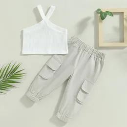 Clothing Sets Baby Girls 2 Piece Summer Outfit Solid Colour Ribbed Cami Tops And Stretch Casual Cargo Pants Set Girl Clothes