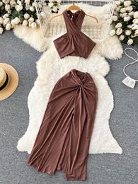 Work Dresses Summer Sexy Beach Two Piece Set Women Cross Necked Crop Top Split Mid Length Wrap Skirt Boho Brown Suits