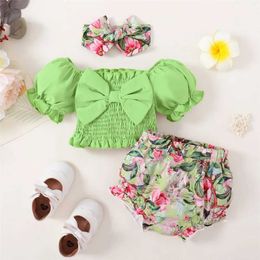 Clothing Sets 3pcs Clothing Set 6-24 Months Baby Girl Summer Suit Puff Sleeve Top with Bow+Flowers Shorts Toddler Girl Pastoral Style Clothes Y240520ZNXS