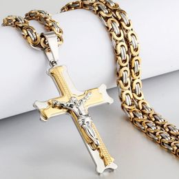 Pendant Necklaces Gold Colour Fish Bone Pattern Cross Necklace Men Stainless Steel Crucifix Jesus Link Chain Catholic Jewellery GiftPendan 180b