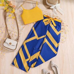 Clothing Sets Summer Girls Matching Clothes 8-12 Years Girls Yellow Top Blue Pants Stylish 2PCS Suit Holiday Vacation Party Daily Casual Y240520U40Z