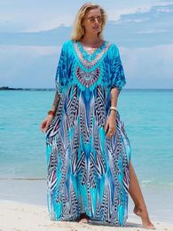 Bohemian Seaside Plus Size Print Kaftan Maxi Dress V Neck Slit Loose Robe Women 2024 Summer Beachwear Swimsuit Cover-ups Q1415