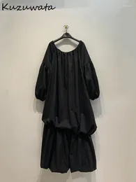 Casual Dresses Kuzuwata Slash Neck Long Sleeve Vintage Loose Stretch Waist Solid Slim Fit Femme Robe Japan Moda A-line Vestidos