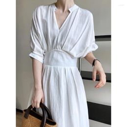 Casual Dresses For Women 2024 Vintage Robe Chic And Elegant V-neck Cotton Leisure Waist Fashion Comfortable Long Summer Dress