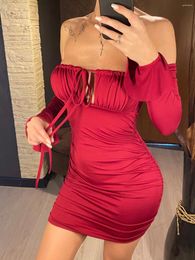 Casual Dresses Sexy Off Shoulder Long Sleeve Dress Autumn Pleated Ruched Bodycon For Women Club Party Tight Mini Vestidos D084