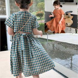 Girl's Dresses Summer casual baby and girl pure cotton plain single breasted short sleeved lace strap dress for childrens cute clothing 2-8 years d240520