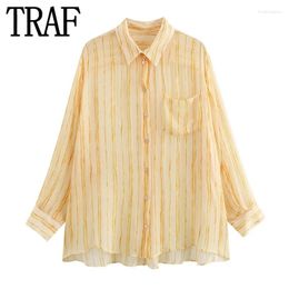 Women's Blouses TARF 2024 Yellow Striped Women Shirt See Transparent Blouse Female Summer Long Sleeve Top Woman Loose Casual