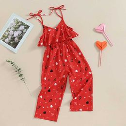 Jumpsuits 26Y childrens and girls jumpsuit with heartshaped printed pleats and sleeveless wide leg jumpsuit for childrens jackets Valentines Day childrens sV1T8