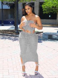 Work Dresses Yomesuger Knitted Beach Style Two Piece Set Women Sexy Wrap Chest Backless Vest And Bandage Maxi Skirt Matching 2024 Streetwear