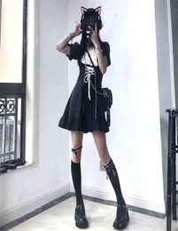 QWEEK Goth Maid Dress Kawaii Gothic Maid Outfit Lolita Cosplay Maid Costumes E Girl Puff Sleeve Bandage Dress Mall Goth Emo 2103317295987