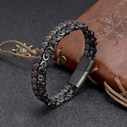 Bangle Light Luxury Fashion Hand-woven Genuine Leather Stainless Steel Charm Bracelet For Men
