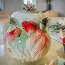 Chinese painted goldfish sealed jar Creative home decoration storage jar Living room decoration vase Ceramic dessert fruit plate 240507