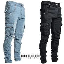 Men's Jeans Street Elastic Men Denim Cargo Pants Wash Solid Color Multi Pockets Casual Mid Waist Trousers Slim Fit Daily Wear Joggers