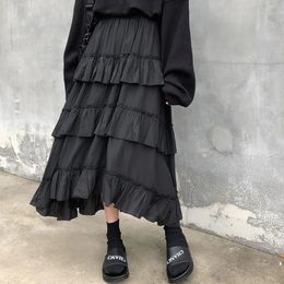 HOUZHOU Black Long Skirts Women Gothic High Low Ruched Ruffle High Waist Asymmetrical Midi Skirt Korean Fashion Fairy Grunge 240513