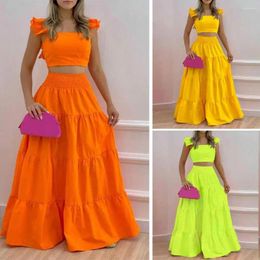 Work Dresses 2 Pcs/Set Women Top Skirt Suit Soft Backless Solid Colour Big Hem Square Neck Ruffle A-line Waist-exposed Elastic Waist Lady